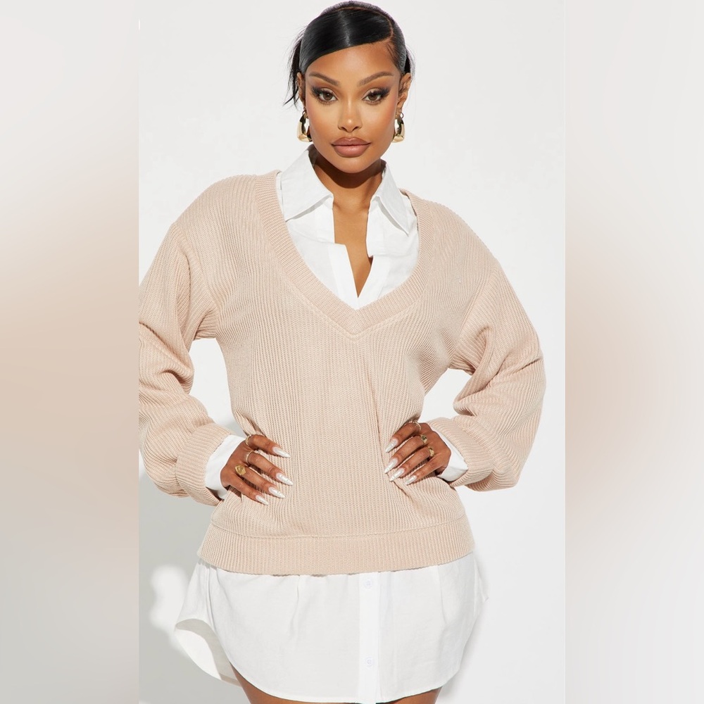 Fashion Nova Cream V-Neck Sweater